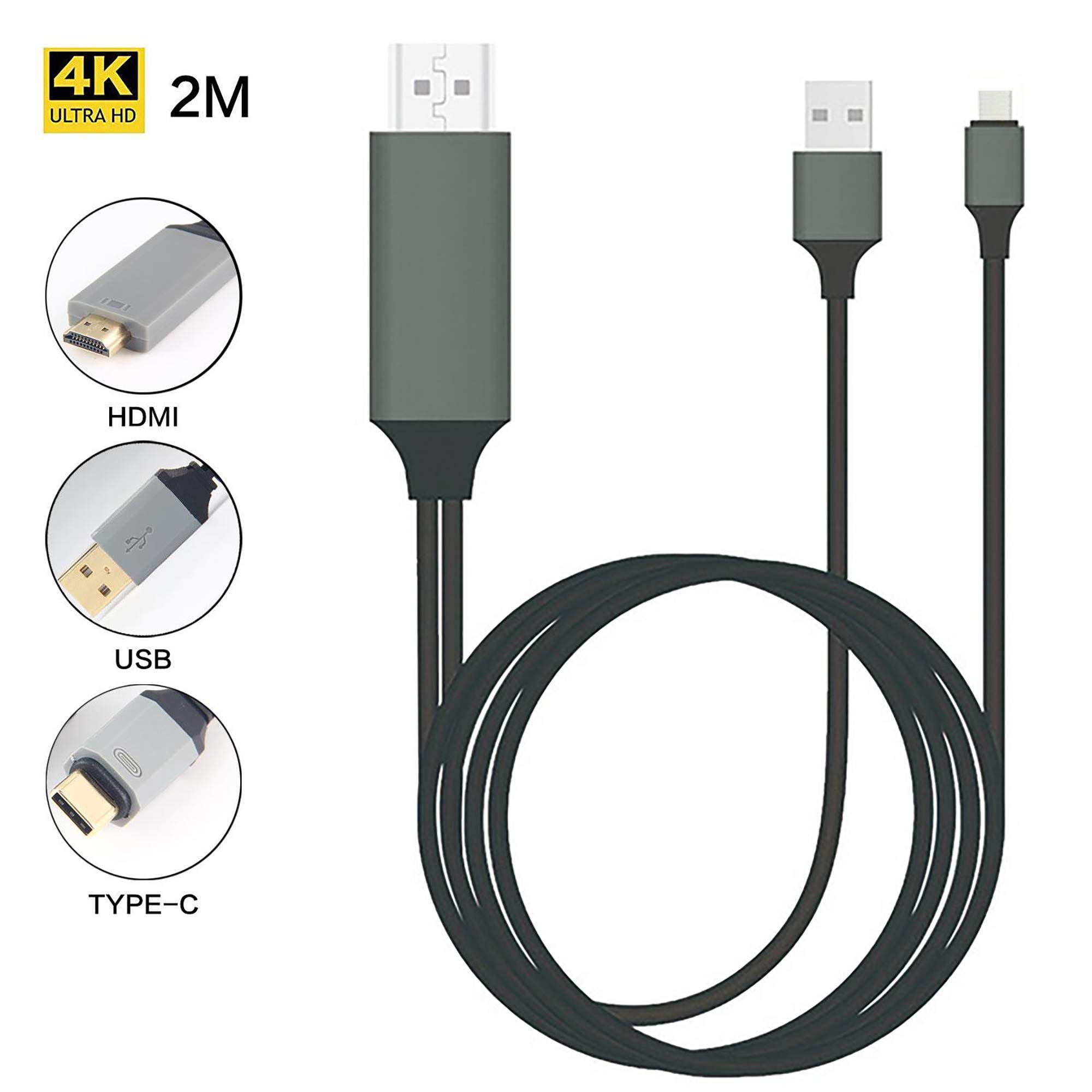 Premium 4K HDMI to USB-C Cable - 6ft/2M Thunderbolt 3 Compatible with Jabra Elite Active 75t Plus, Supports 2160p@60Hz & Fast Charging (Gray) - Perfect for Home Theater, Gaming & Office Setup