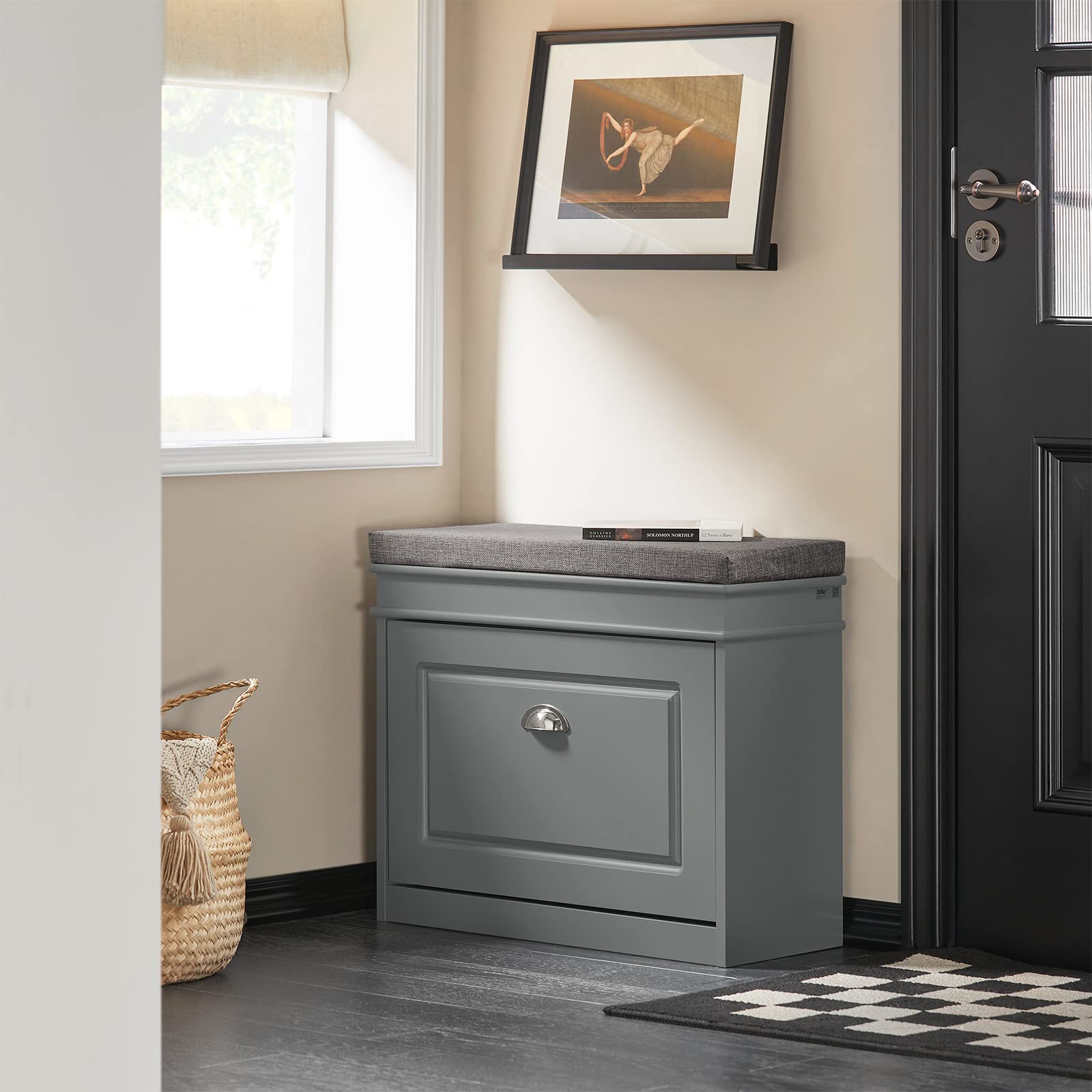 SoBuy FSR82-K-HG Shoe Cabinet with Flip-Drawer & Seat Cushion - Grey Hallway Shoe Bench, Shoe Rack & Storage Organizer - Perfect for Entryway, Mudroom, or Bedroom Closet Organization