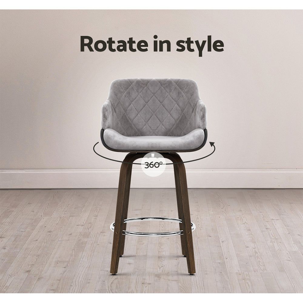 Swivel Bar Stool with Velvet Padded Seat and Wooden Base - Perfect for Kitchen Islands, Home Bars, and Dining Counter Height Tables