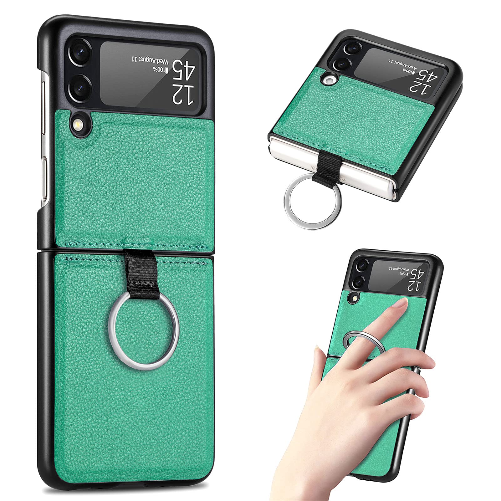 Samsung Galaxy Z Flip 4 Leather Case with Ring - Slim Shockproof Protective Cover for Z Flip 4 (Green) | Perfect for Everyday Protection & Secure Grip While Taking Photos or Using Your Phone