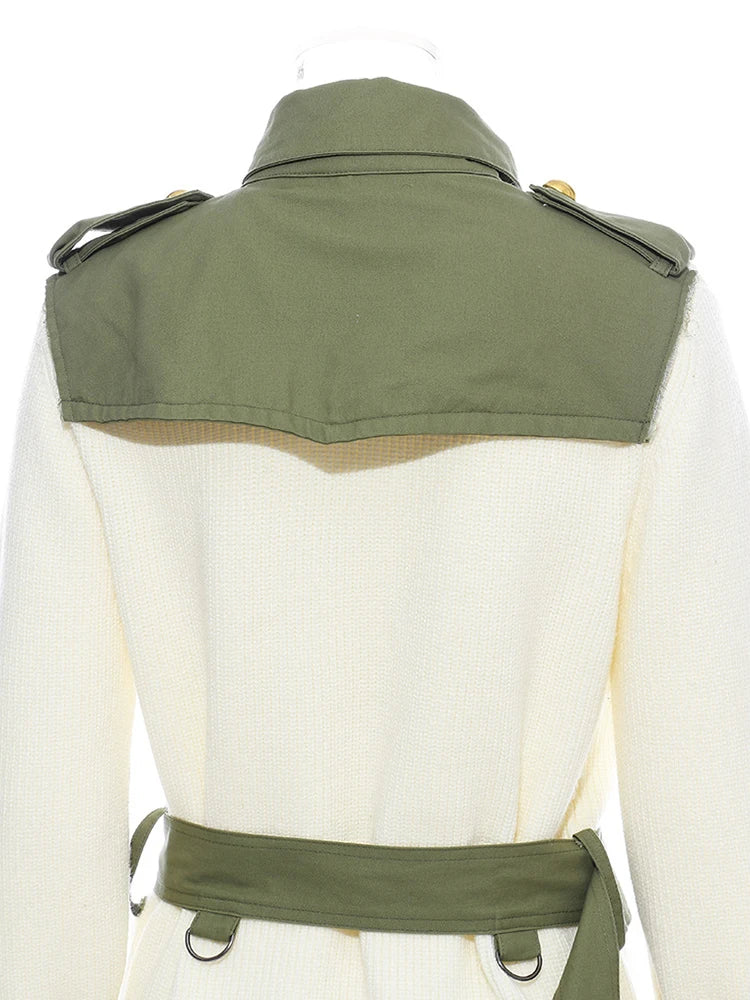 Beige Spliced Belted Knit Cardigan Sweater for Women - Stand Collar Long Sleeve Fashion Top (Spring/Autumn 2025) - Perfect for Office Wear, Casual Outfits & Fall Layering