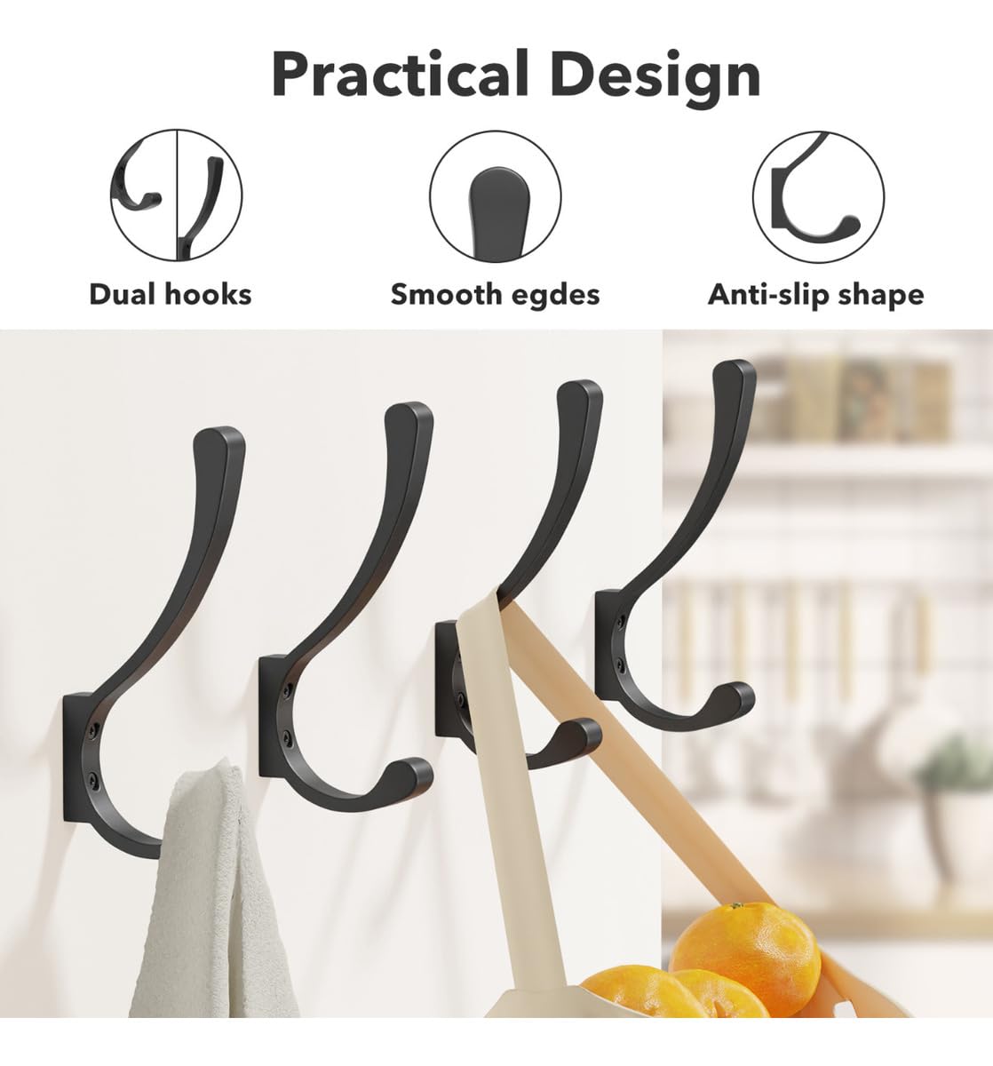4 Pack Heavy Duty Wall Hooks - Black Metal Coat Hangers for Wall Mounting, Screw-In Hooks for Coats, Backpacks, Bags & Purses - Perfect for Entryway, Closet, Bathroom & Garage Organization