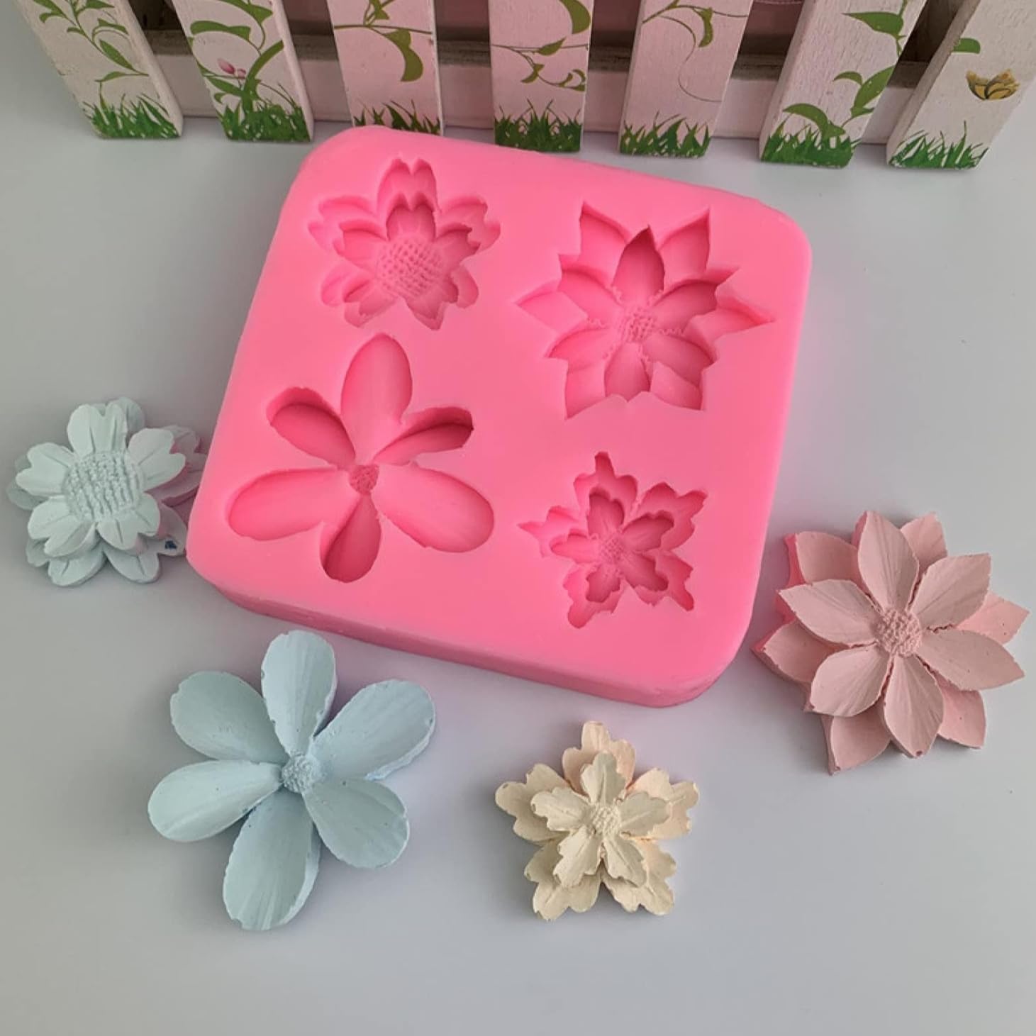 LEGACYCART 4-Cavity Silicone Fondant Molds - Daffodil, Lily, Periwinkle, Buttercup & Jasmine Flower Shapes for Chocolate, Cookies, Cupcakes, Cakes, Candy, Gummy, Jelly, Resin & Polymer Clay Art - Perfect for Baking, Candy Making & DIY Crafts