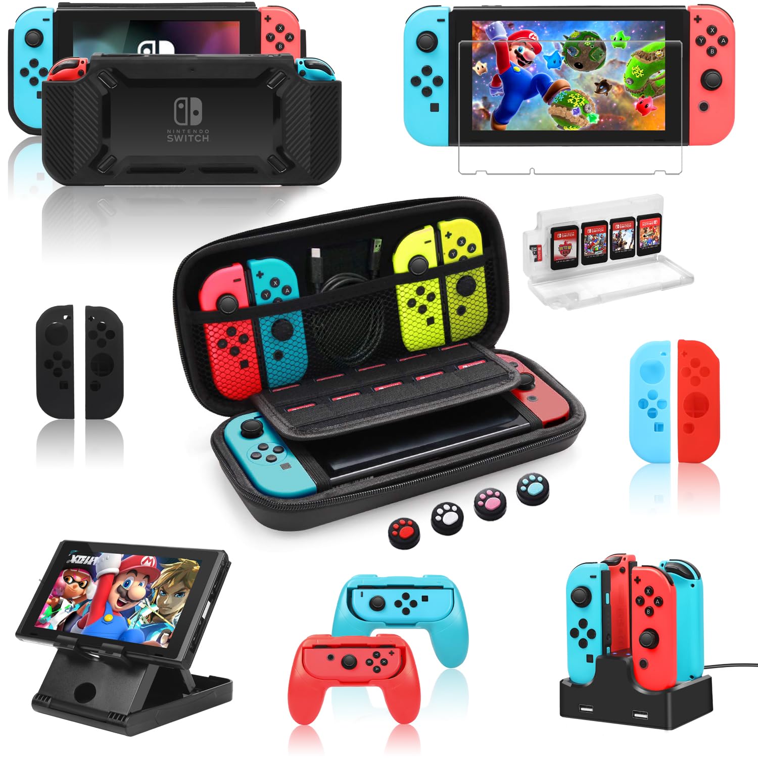 Nintendo Switch Accessories Bundle - 16-in-1 Kit with Carrying Case, Screen Protector, Charging Dock, Playstand & More | Perfect for Travel, Gaming Parties & Home Entertainment