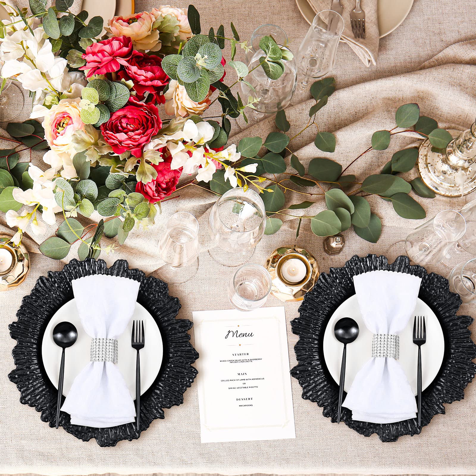 50 Pcs 13 Inch Black Plastic Wedding Charger Plates with Floral Reef Design - Decorative Round Ruffled Rim Dinner Plates for Wedding, Party, Event Table Setting - Elegant Tableware for Bridal Showers, Banquets & Formal Dining Decorations