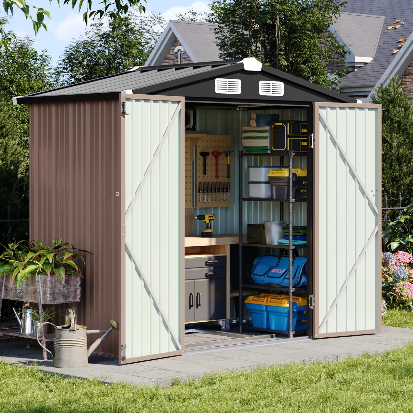 Aoxun 6x3.9 FT Outdoor Storage Shed with Metal Base - Lockable Garden Shed for Tools, Bikes & Backyard Storage | Durable Brown Weather-Resistant Shed for Patio, Poolside & Yard Organization