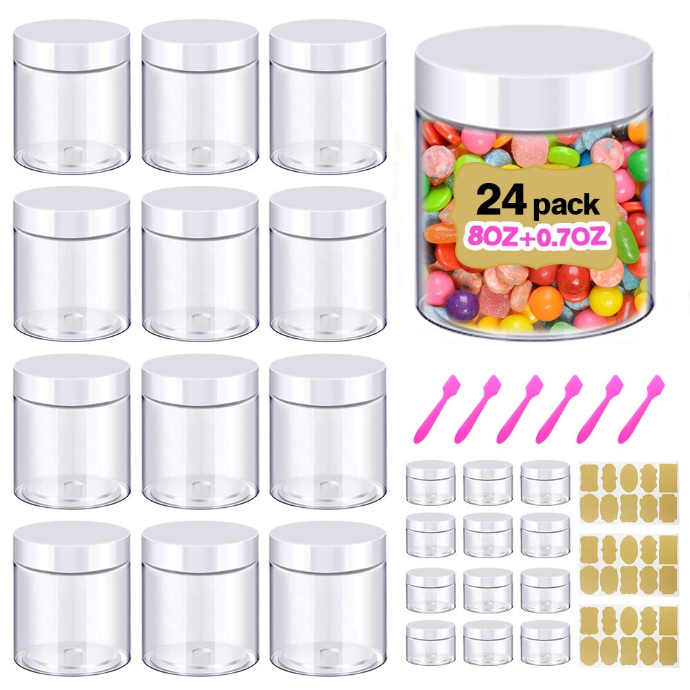 AMORIX 8oz (240ml) Plastic Slime Containers with White Lids - Airtight Storage Jars for DIY Crafts, Lip Scrubs, Body Butters & Creams - Includes 20g Sample Containers (24-Piece Set) - Perfect for Slime Making, Bath & Beauty Products, and Small Craft Organization