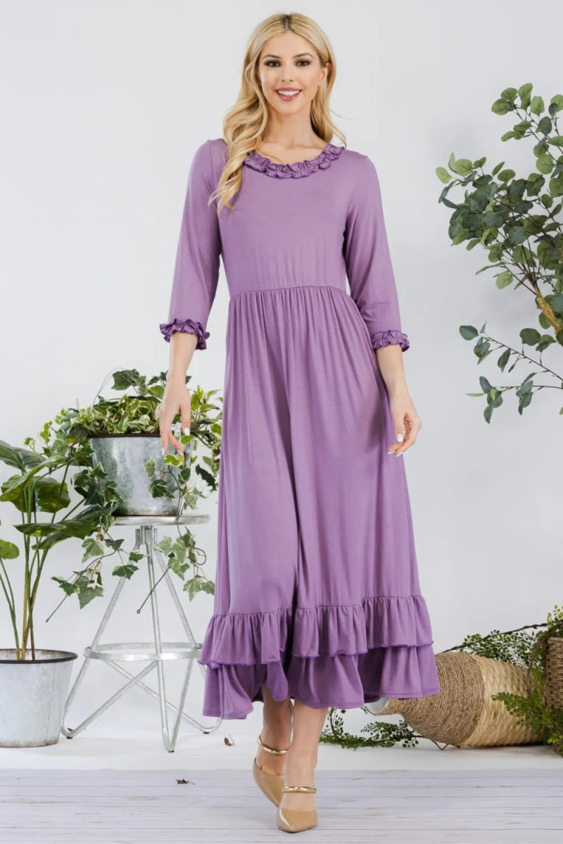 Celeste Women's Full Size Layered Ruffle Hem Dress with Pockets - Elegant Flowy Maxi Dress for Summer, Beach, Wedding & Special Occasions