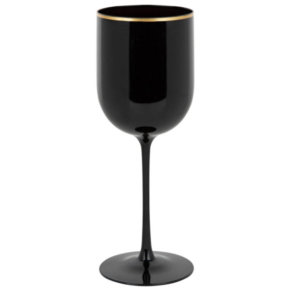 12 Oz Black and Gold Rim Plastic Wine Goblets - Set of 5 Shatterproof Cups for Parties, Weddings, and Outdoor Events