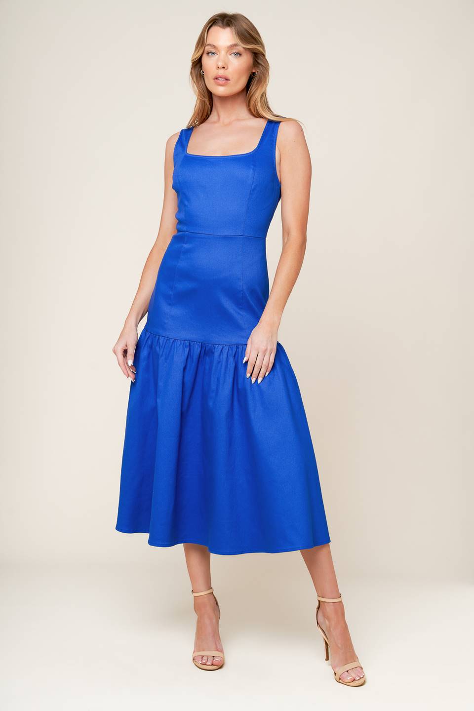 Bonnie Blue Midi Dress with Square Neckline & Drop Waist - Elegant Women's Summer Dress for Casual Outings, Weddings & Beach Vacations