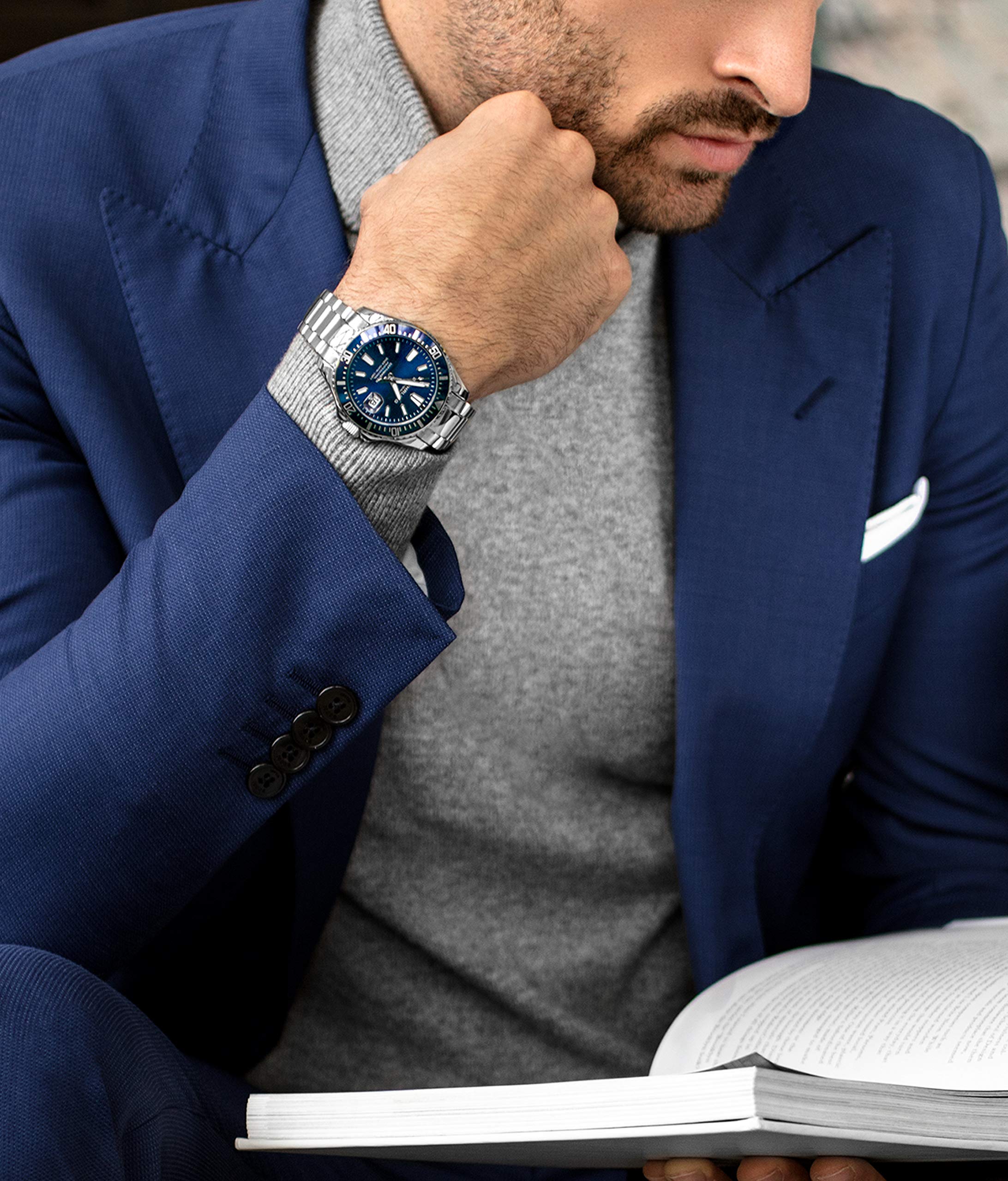 Stuhrling Original Men's Pro Diver Watch - 42mm Stainless Steel Case, Blue Dial, Silver Band - Waterproof Sports Watch for Diving, Swimming & Outdoor Activities