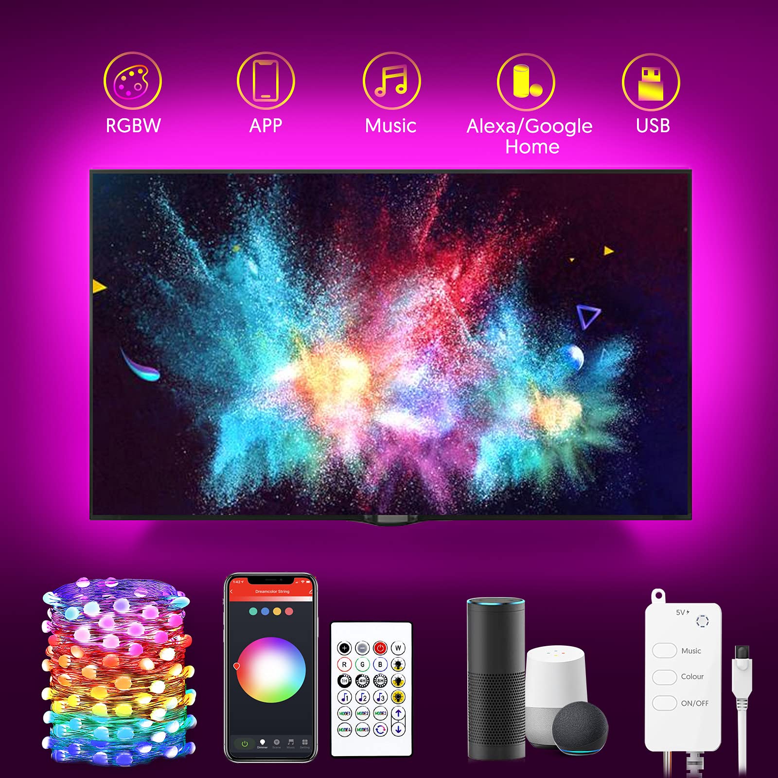 Smart LED TV Backlight - 9.8ft USB Fairy Lights with Remote, 16 Million Colors, Dimmable 30 LEDs for 40-55 Inch TVs | Perfect for Gaming Setup, Home Theater & Ambient Lighting