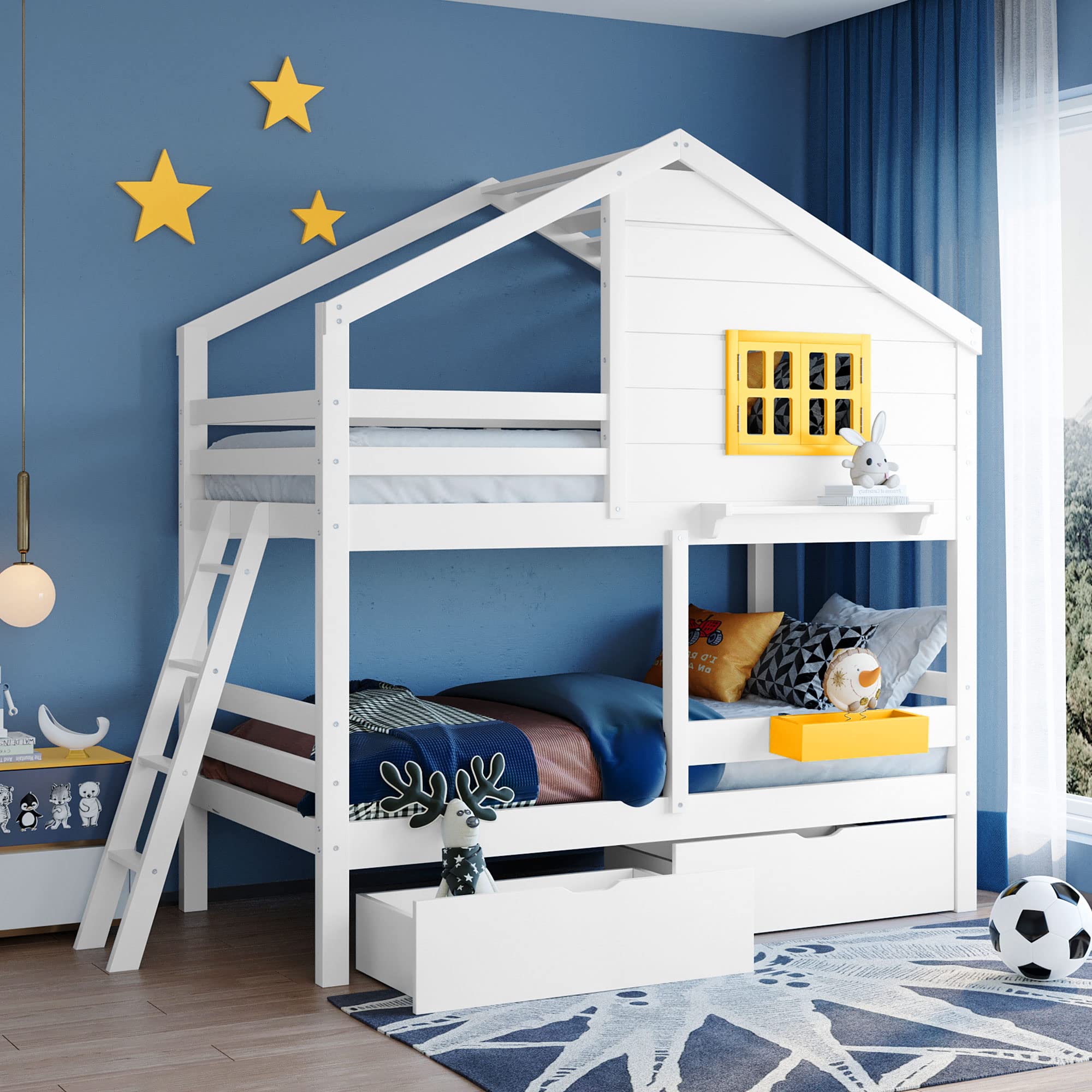 Twin Over Twin Bunk Bed with Roof & Storage - Kids Bedroom Furniture for Small Spaces