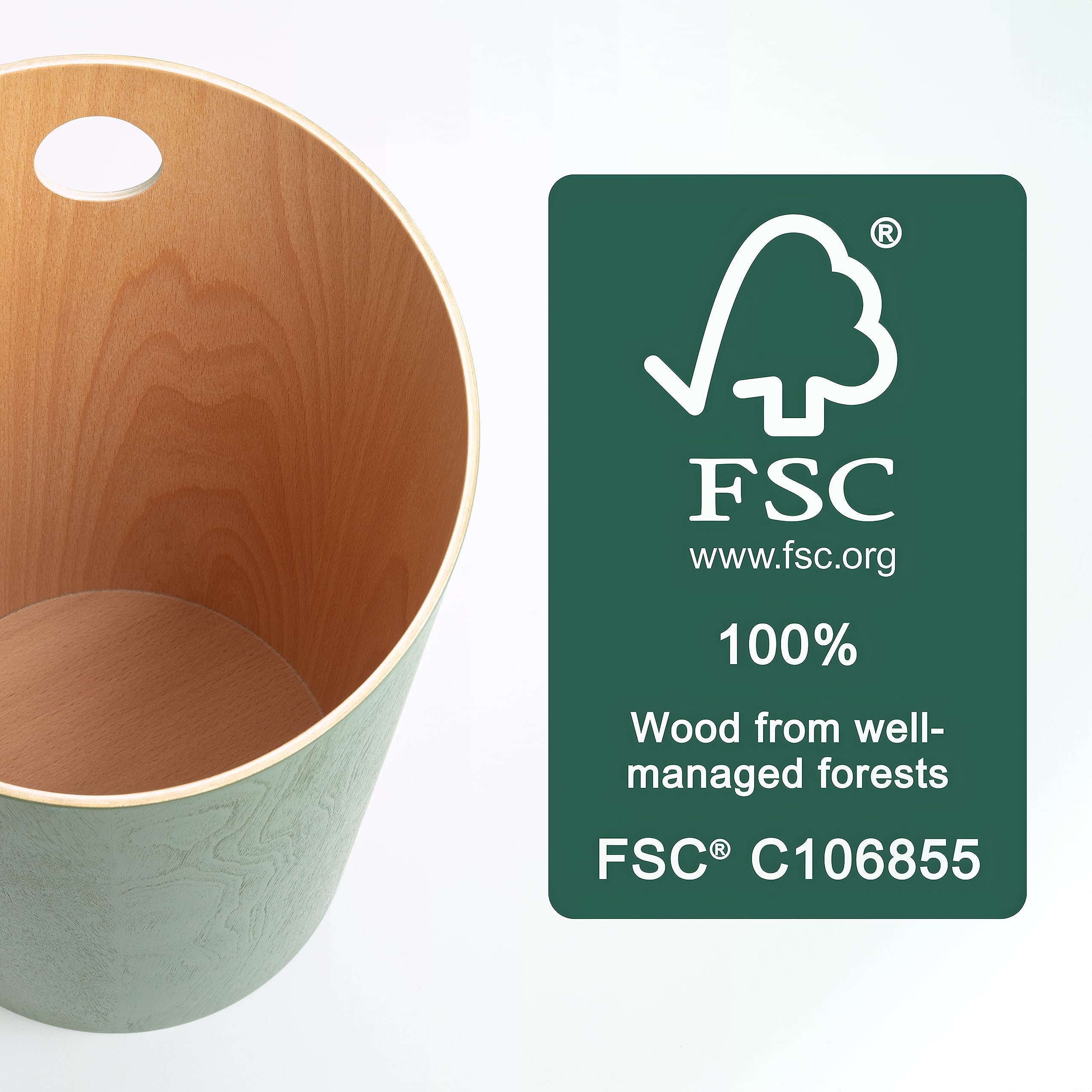 Kazai® Bennet Office Waste Bin - Real Wood Veneer Trash Can for Home, Bedroom, Kids Room & Office - Eco-Friendly Green Desk Garbage Basket | Perfect for Workspaces, Nurseries & Home Decor