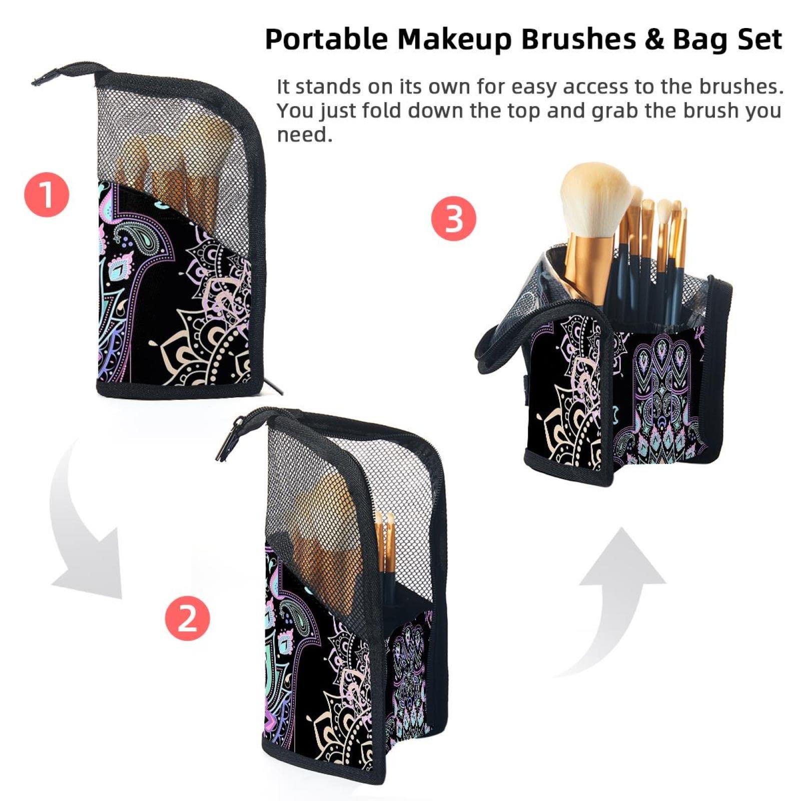 12-Piece Makeup Brush Organizer Bag with Ethnic Mandala Design - Portable Cosmetic Brush Holder Case for Travel & Home Storage