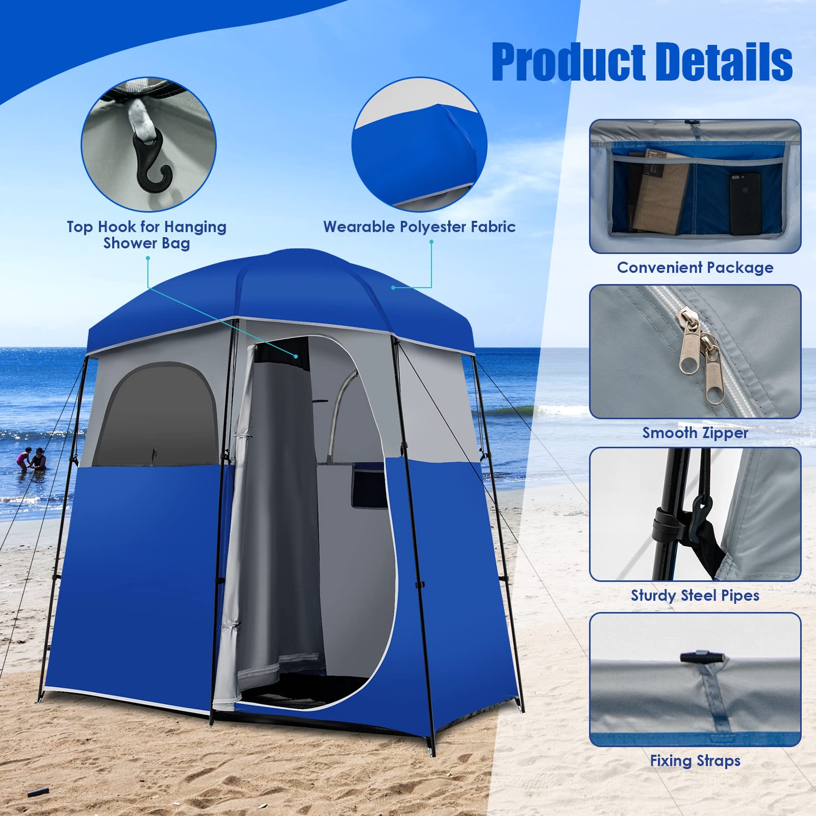 Tangkula Double Room Shower Tent - Extra Large Privacy Changing Tent for Camping with Floor & Removable Rain Fly | Portable Outdoor Shower Tent with Storage Bag | Perfect for Camping, Beach, Poolside & Outdoor Dressing