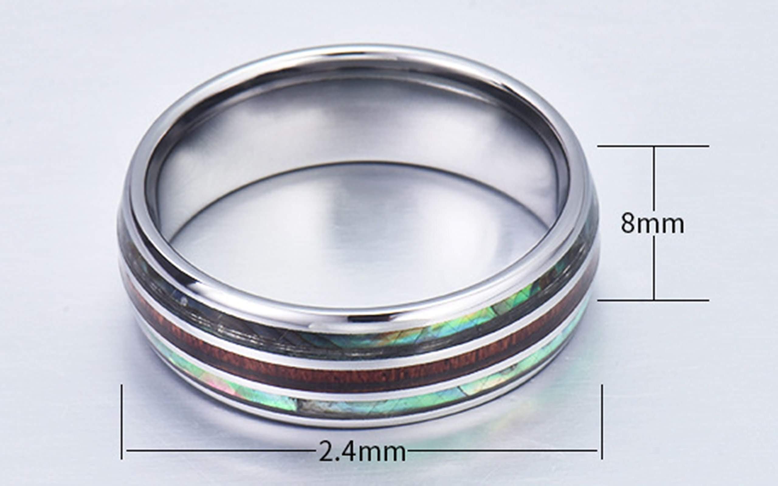 Men's Tungsten Engagement Ring 8MM with Abalone & Wood Inlay - Personalized Silver Band Size 6-14 - Perfect for Weddings, Proposals & Anniversary Gifts