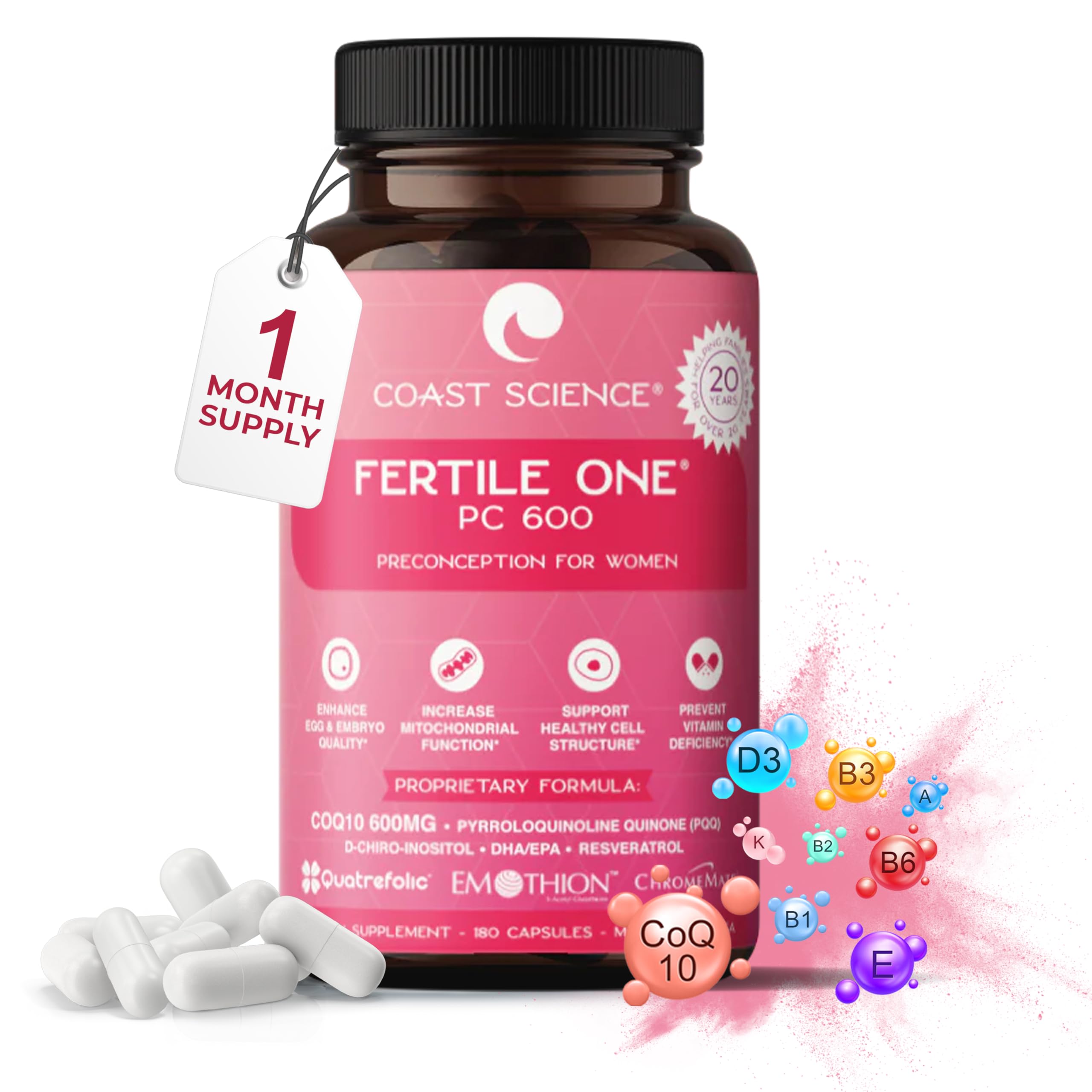 Fertile One PC 600 - Advanced Preconception Supplement with 600mg CoQ10 for Women's Reproductive Health | Supports IVF & Fertility Enhancement | 180 Vegetarian Capsules | Perfect for Pre-Pregnancy Planning & Fertility Support