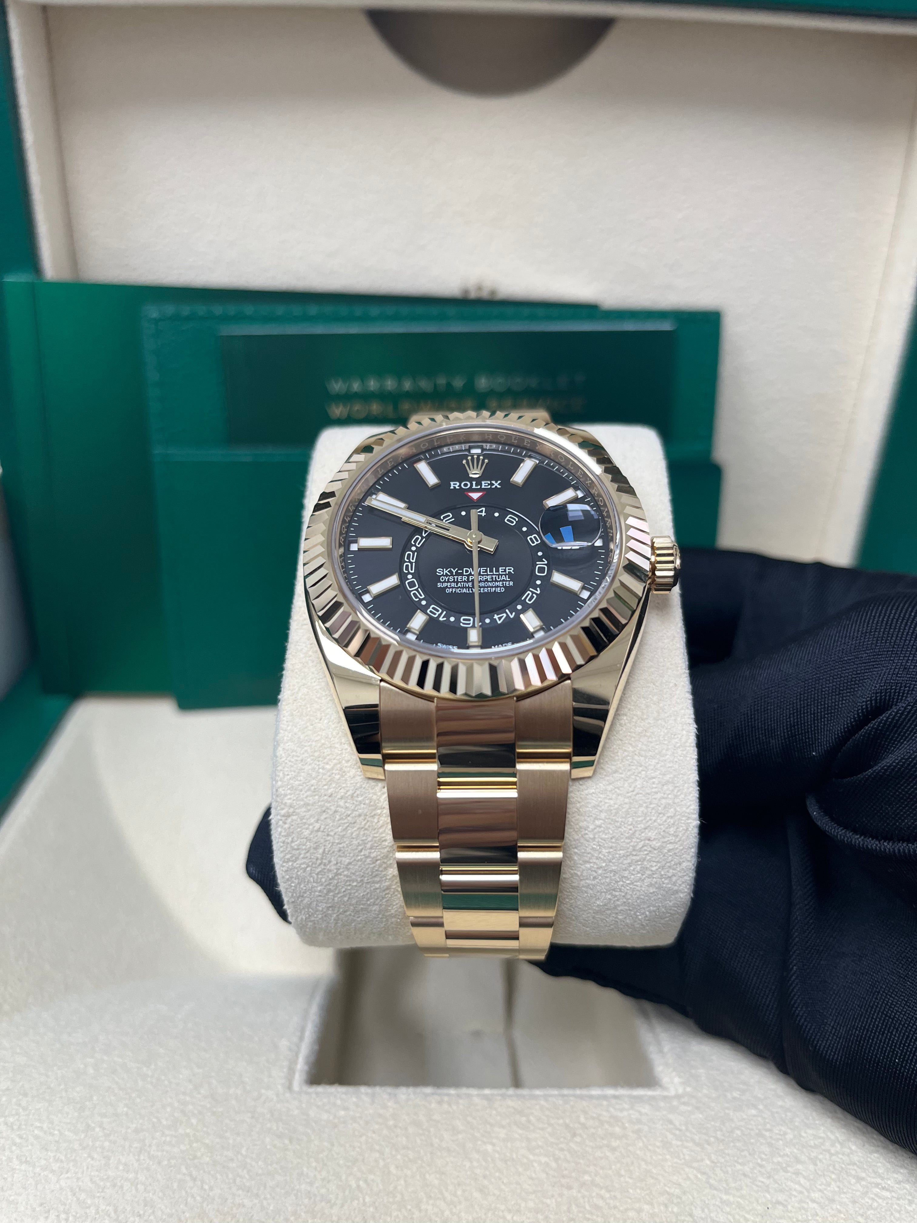 Rolex Sky Dweller 18K Yellow Gold Men's Watch with Black Index Dial & Oyster Bracelet (Ref# 326938) - Luxury Timepiece for Business, Travel & Special Occasions