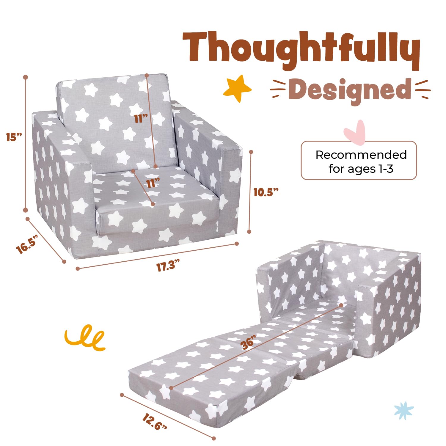 Delsit Convertible Kids Couch - 2-in-1 Toddler Armchair & Lounger with Flip Out Design, Soft Foam Sofa for Children's Room & Playroom | Made in Europe | Perfect for Reading, TV Time & Playdates