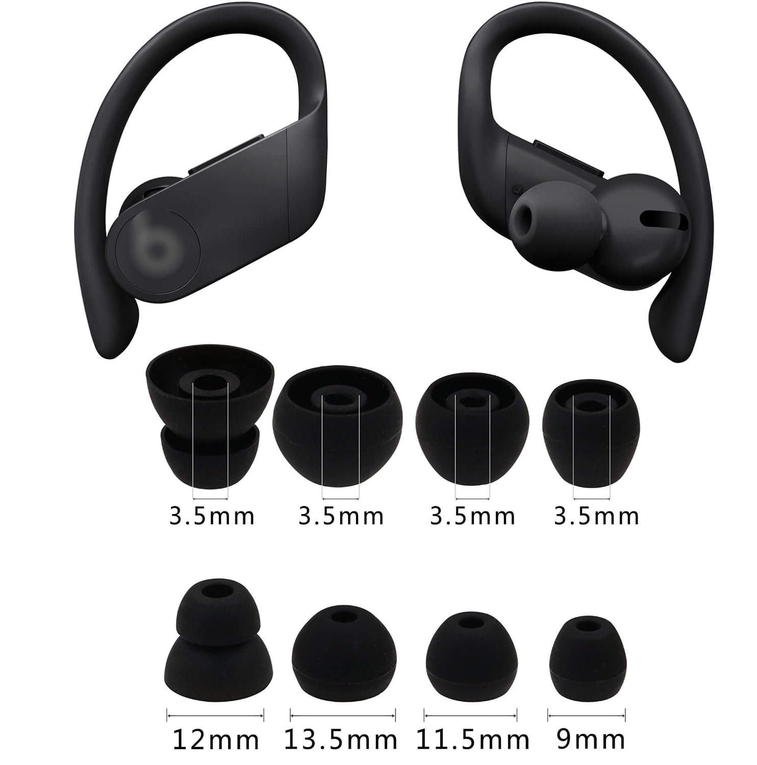 Beats Powerbeats Pro Replacement Earbud Tips - 4 Pairs (Small, Medium, Large, Double Flange) - Noise Isolating Silicone Ear Cushions for Secure Fit - Perfect for Workouts, Running & Wireless Headphone Comfort (Black)