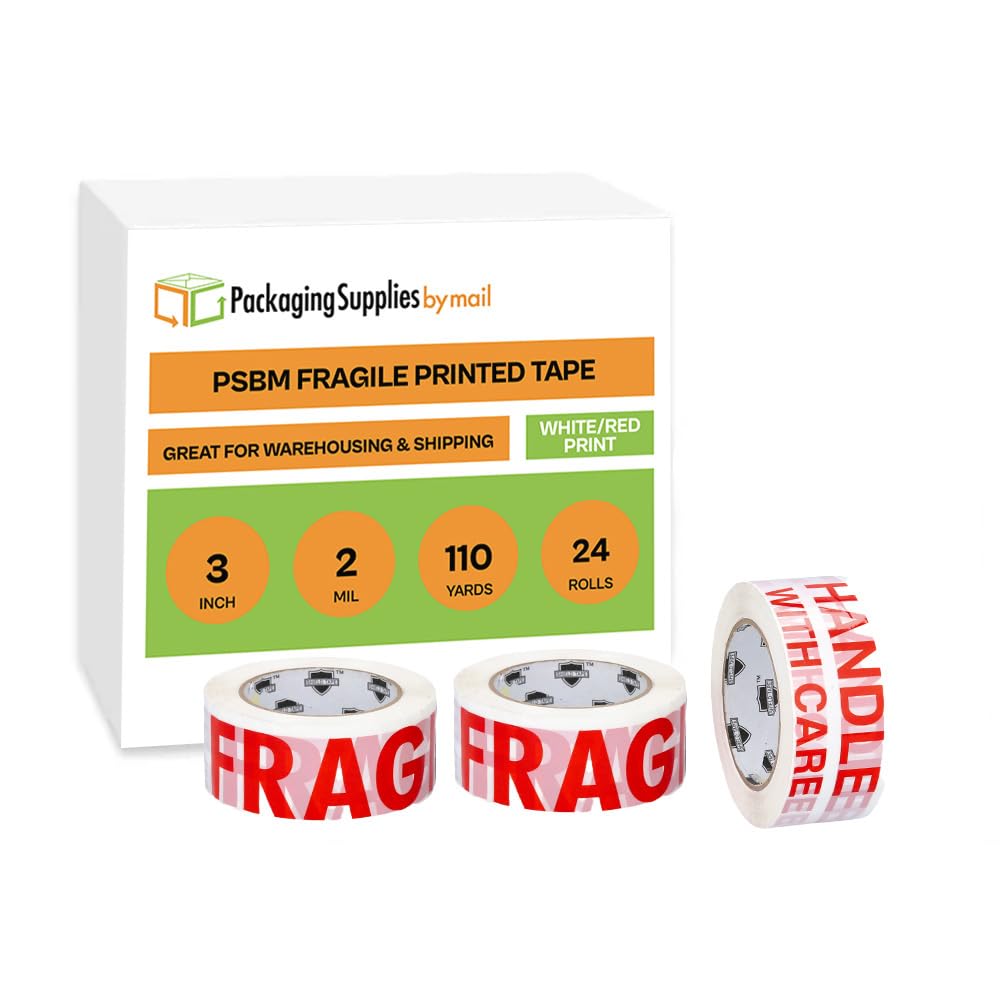 PSBM Fragile Shipping Tape - 3 Inch x 110 Yards, 24 Pack - Red 'Fragile Handle with Care' Printed on White Tape - Ideal for Moving Boxes, Package Protection & Warehouse Shipping Supplies