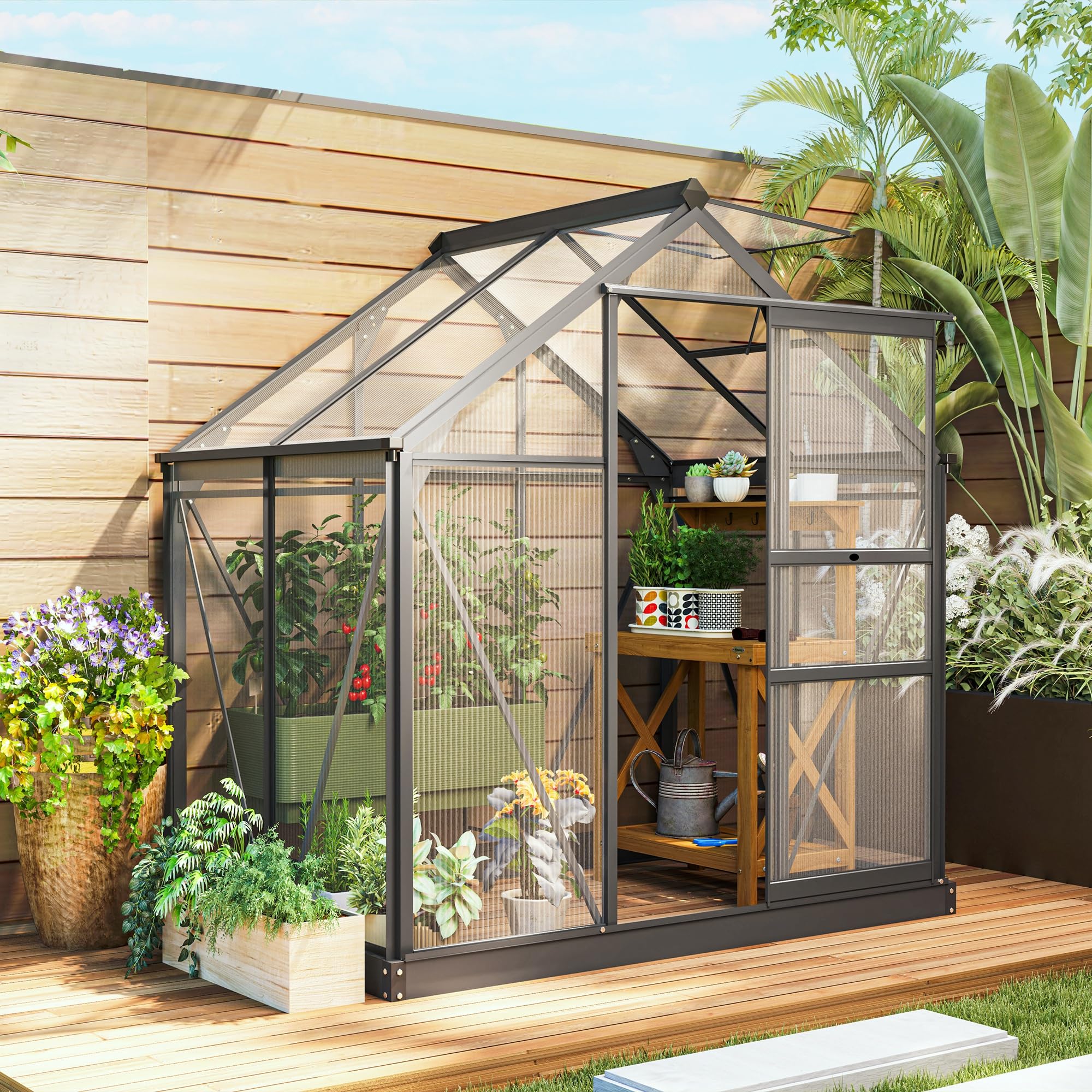 Outsunny 6x4 ft Polycarbonate Walk-in Greenhouse with Rain Gutter & Roof Vent - Durable Aluminum Frame Outdoor Garden Greenhouse for Patio, Backyard, Balcony | Perfect for Growing Vegetables, Flowers & Herbs Year-Round