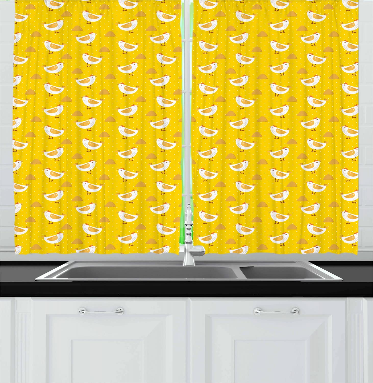 Ambesonne Polka Dot Kitchen Curtains - Cartoon Chicken & Haystack Design on Yellow Background, 55