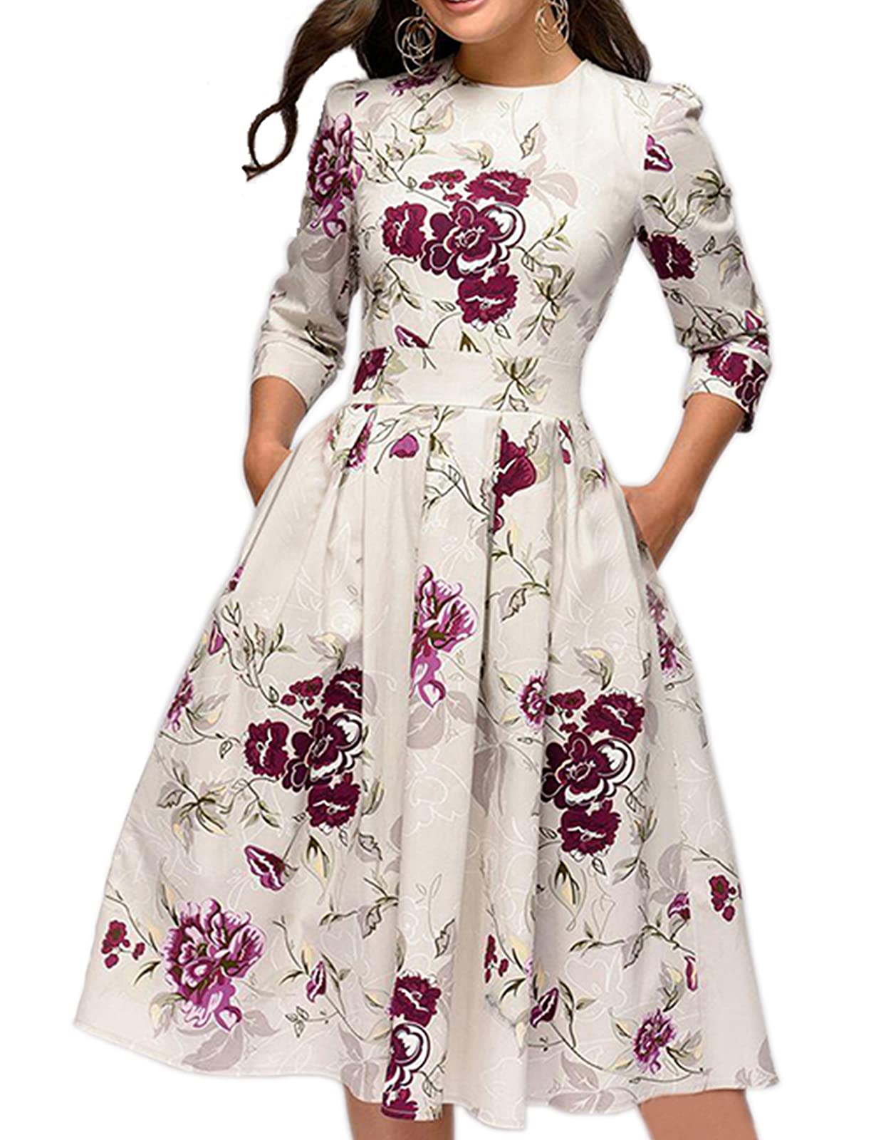 Elegant Floral Vintage Midi Dress for Women - 3/4 Sleeve Evening Gown | Perfect for Cocktail Parties, Weddings & Formal Occasions