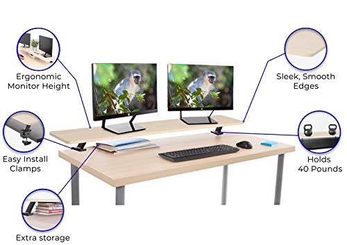 Stand Steady 55 Inch Clamp-On Desk Shelf - Large Monitor Riser for 3 Screens with Extra Storage Space | Ergonomic Computer Monitor Stand with Secure Clamp Base (No Screws Needed) - Perfect for Home Office, Gaming Setup & Workspace Organization (Maple, 55 Inch)