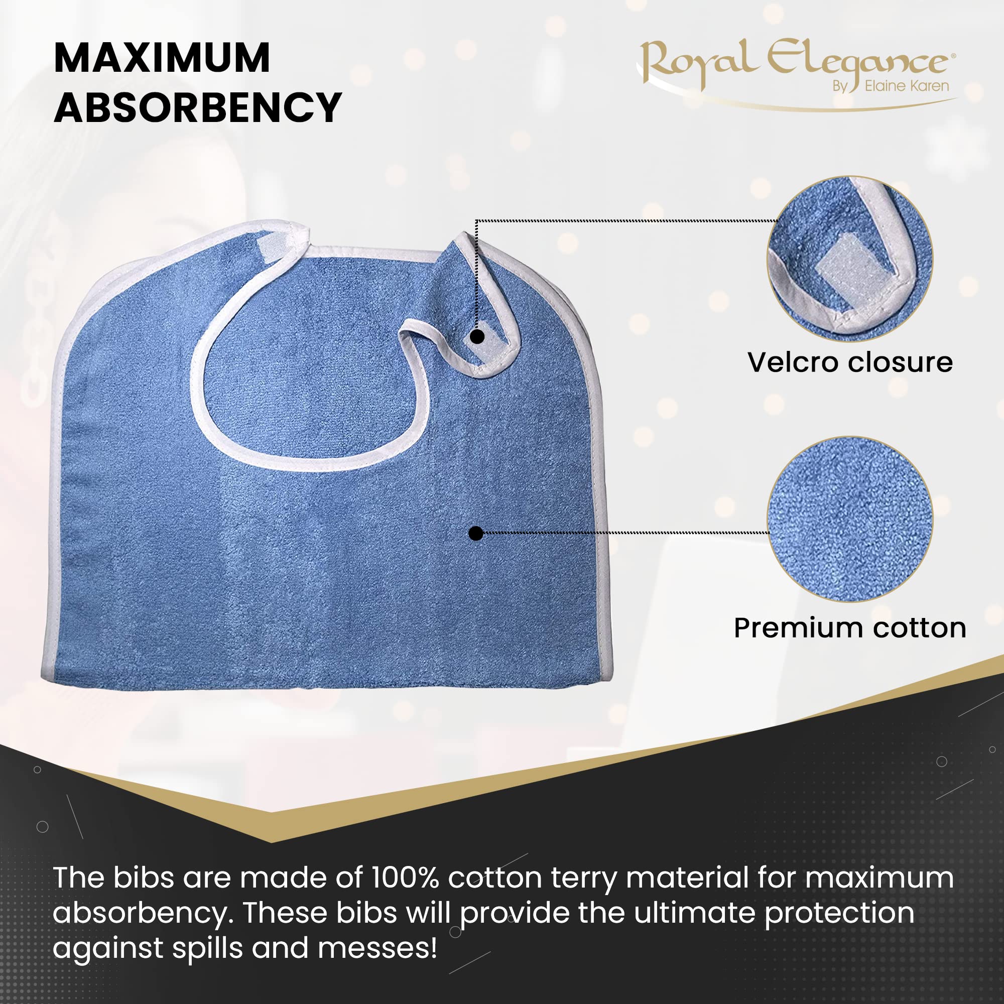 Elaine Karen 6 Pack Premium Adult Bibs for Women & Men - Adjustable Terry Cloth Bibs for Elderly, Seniors & Disabled - Machine Washable Clothing Protectors (Blue) - Perfect for Dining, Nursing Homes & Mealtime Protection