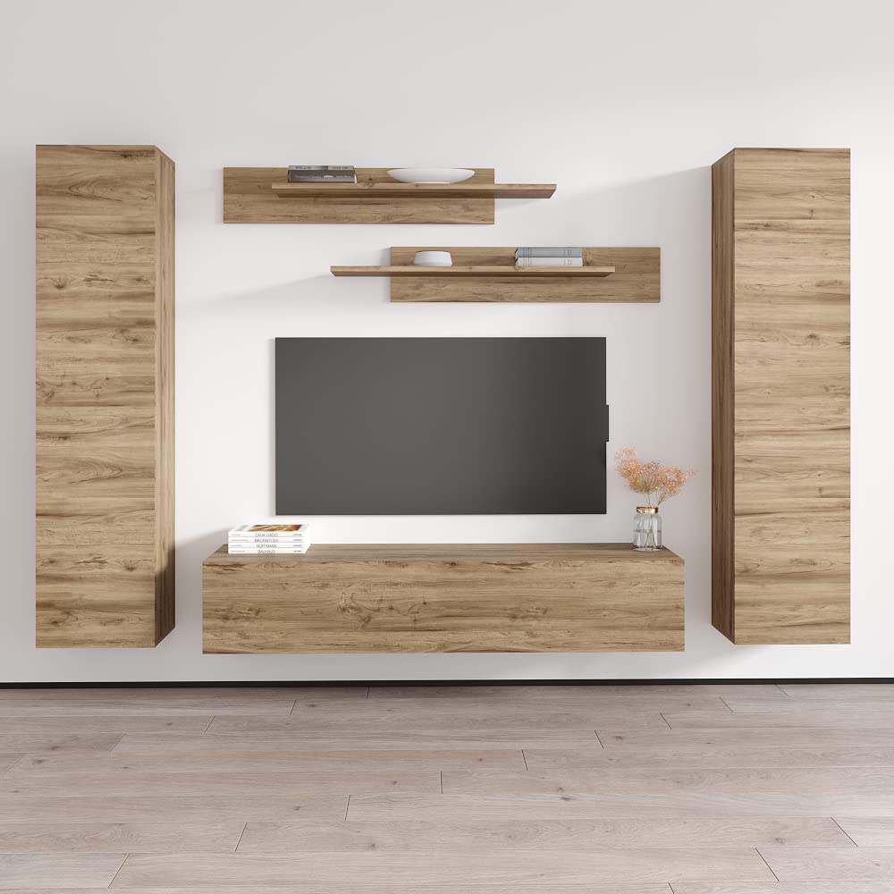 Modern Oak Wall-Mounted TV Stand with Storage Shelves & LED Lights - Floating Entertainment Center Console for Living Room & Bedroom - Perfect for Small Spaces & Home Theater Setups - Meble Furniture Fly AB1 30TV Stand