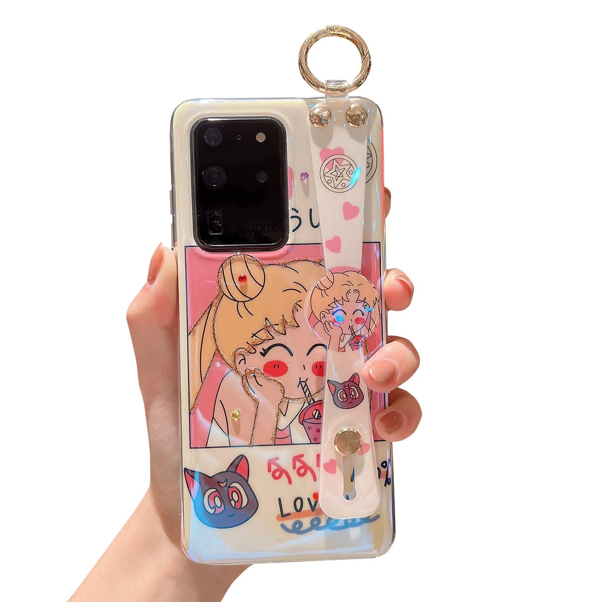 Cute Cartoon Girl Glitter Bling Samsung Galaxy S20 Ultra Case with Wrist Strap & Kickstand - Shockproof Soft TPU Protective Phone Cover for Women & Girls | Perfect for Daily Use, Work, School & Travel