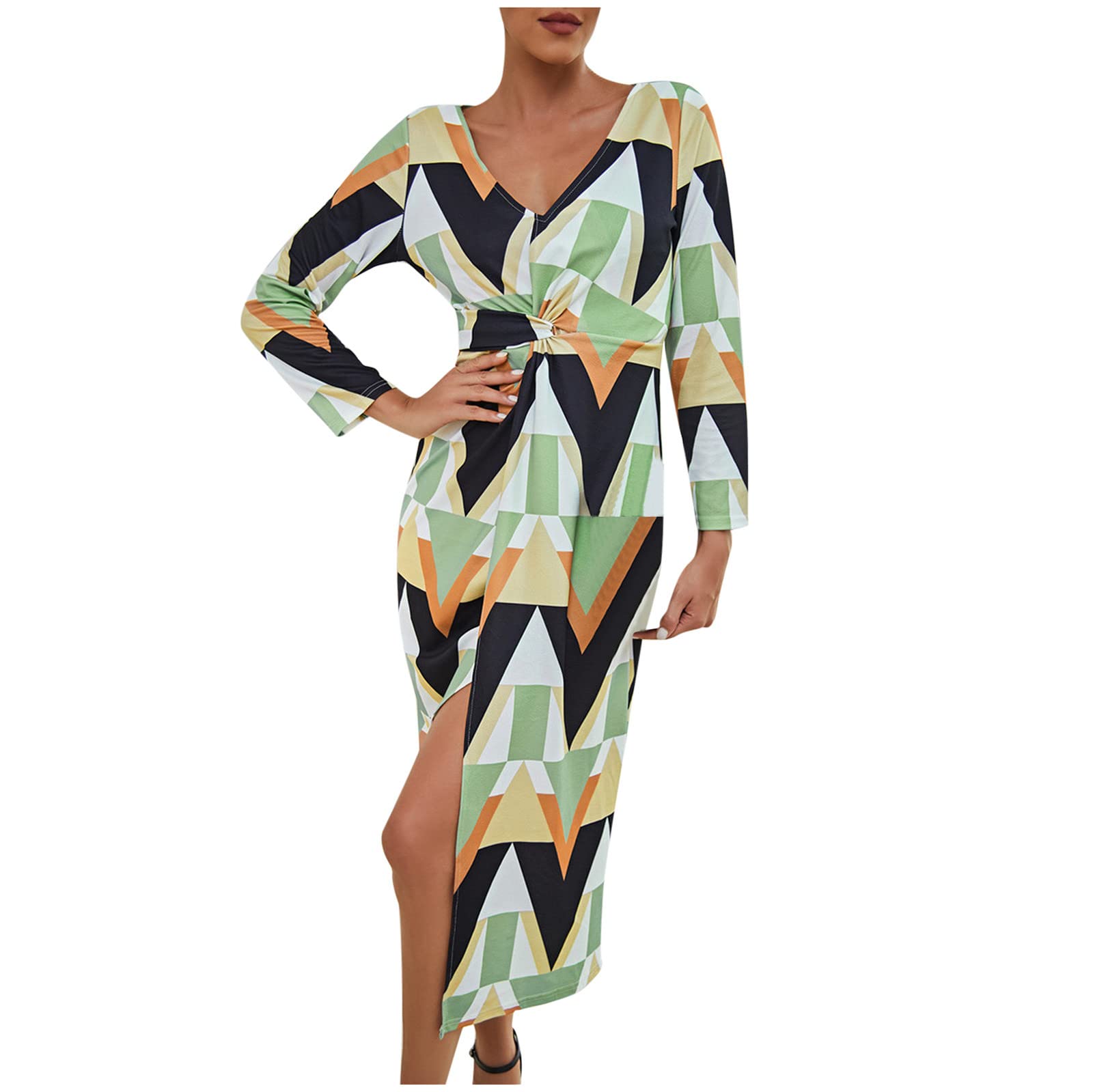 Elegant Women's V-Neck Long Sleeve Printed Slit Waist Cocktail Dress - Perfect for Evening Parties, Weddings & Special Occasions | Flattering Fit for Wedding Guests & Night Out