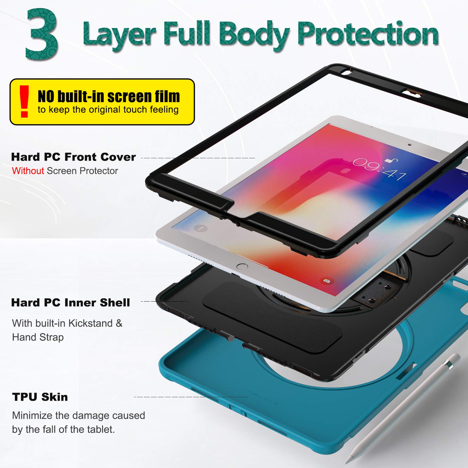 BATYUE Shockproof Rugged Case for iPad Pro 10.5 (2017) & iPad Air 3 (2019) - 360° Swivel Kickstand, Leather Hand Strap & Pencil Holder - Light Blue Protective Cover for Work, Travel & Outdoor Use