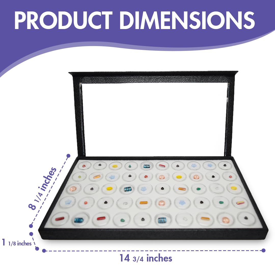 Premium Large Jewelry Display Case 14.75x8.25x1.15 Inches with 50 Gems Jars - Magnetic Detachable Clear Acrylic Lid & White Tray Foam Liner - Elegant Rock Storage Box for Collectibles, Necklaces, Rings & Earrings - Perfect for Home Decor, Gift Giving & Jewelry Organization