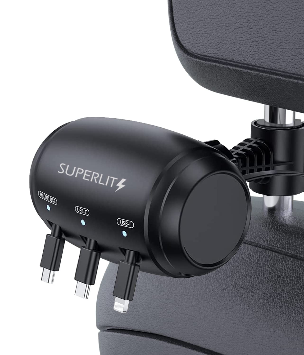 Superlit Retractable 3-in-1 Car Headrest Charger - Fast USB-C & Apple Charging Cable for Android & iPhone | Perfect for Uber, Lyft, Taxi & Ride Share Passengers to Earn Tips | Ideal for Road Trips, Commuting & Travel Accessories