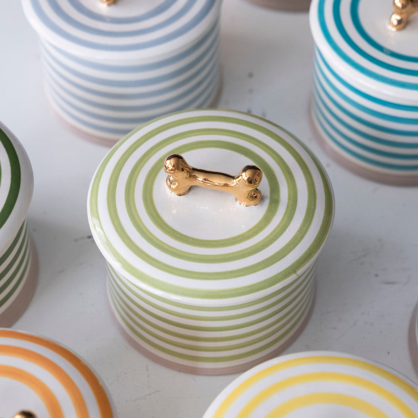 Jill Rosenwald X Polkadog Bone Jar Pear - Stylish Ceramic Pet Treat Storage Container for Dogs - Perfect for Kitchen Countertop or Pantry Organization