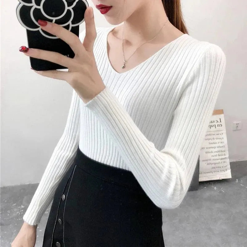 Stylish V Neck Slim Knitted Sweater for Women - Soft Comfortable Pullover for Fall & Winter - Perfect for Office, Dating and Casual Outfits