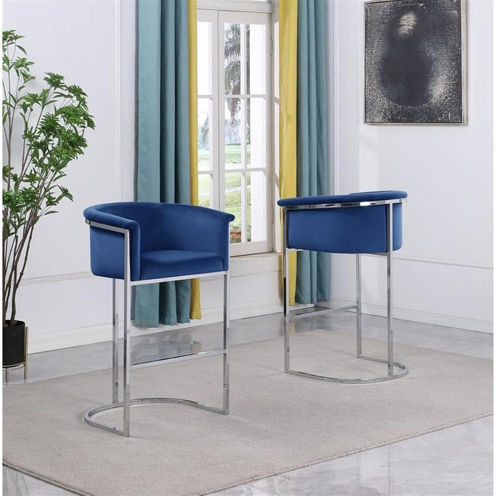 Premium Navy Blue Velvet Bar Stool with Silver Iron Frame - Adjustable Height Counter Stool for Kitchen Island, Home Bar & Breakfast Nook - Modern Dining Chair for Indoor Use