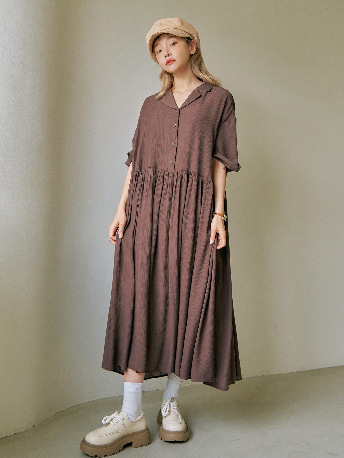 Women's Summer Dresses 2023 - Button Front Roll Up Sleeve Smock Dress in Coffee Brown (Size Medium) | Casual Beach Wear & Vacation Outfit
