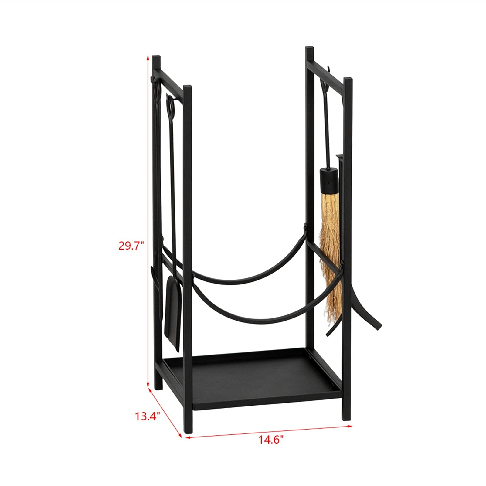 33 Inch Black Wrought Iron Firewood Log Rack - Indoor/Outdoor Fireplace Wood Holder with 4 Fireside Tools - Perfect for Patio, Deck, Backyard & Hearth Storage