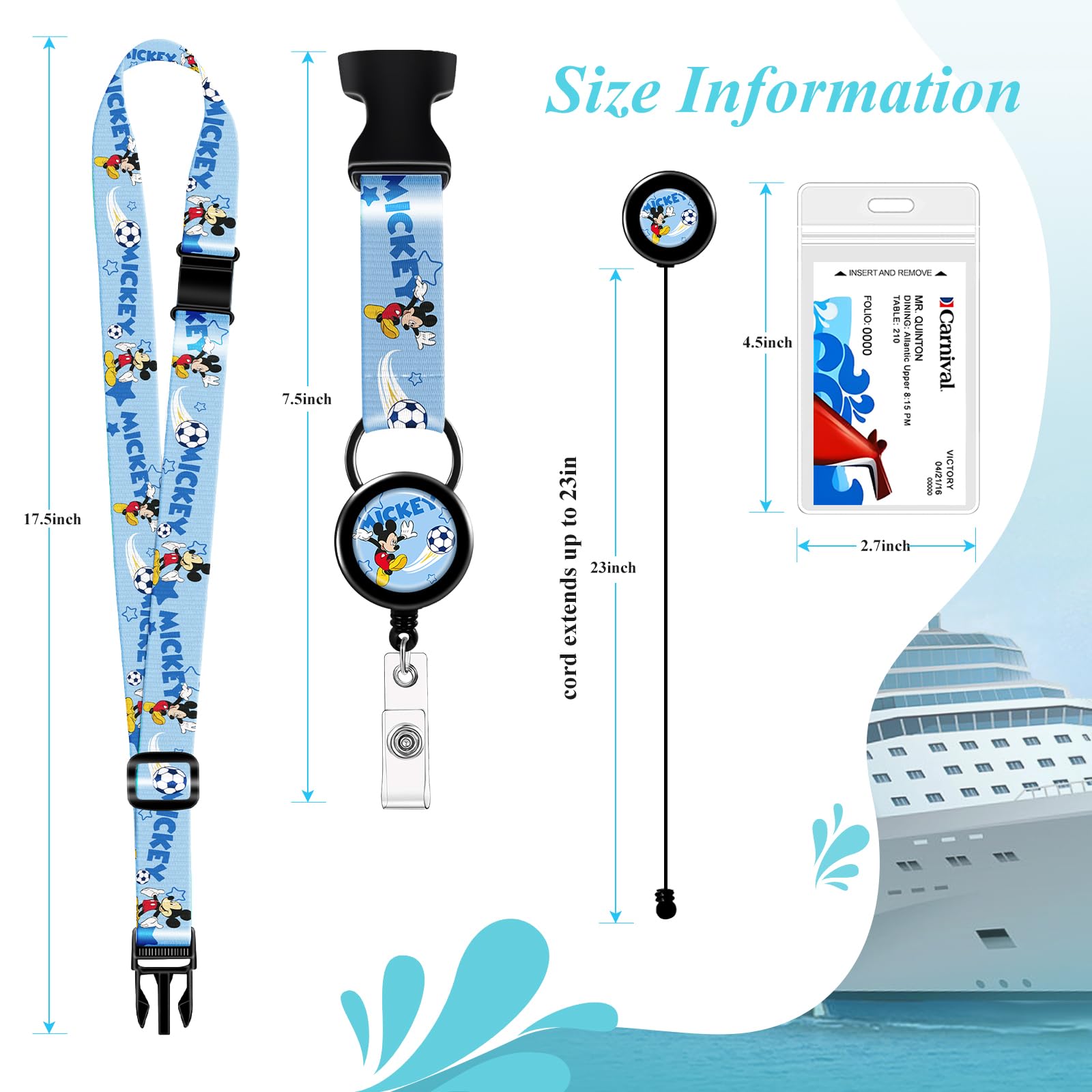 **Akkya 2 Pack Waterproof Retractable Cruise Lanyard for Ship Cards - Cute Cartoon Travel ID Badge Holder with Reel - Perfect for Cruise Vacations, Theme Parks & Work (Light Blue)**