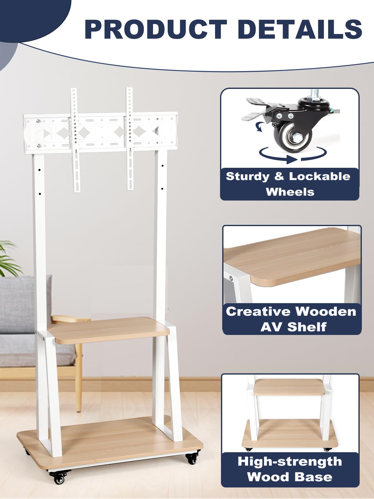 Heavy-Duty Mobile TV Stand for 32-75 Inch Flat/Curved Screens - Adjustable Height Rolling TV Cart with Wheels & Wood Shelf, Supports 100lbs (White) | Perfect for Living Rooms, Bedrooms & Home Theaters