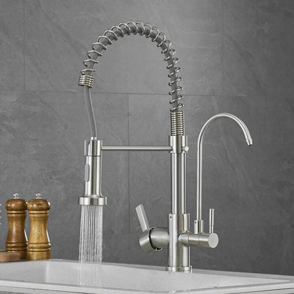 3-in-1 Pull Down Kitchen Faucet with Brushed Nickel Finish, 360° Swivel Sprayer & Built-in Water Filter - Hot/Cold Water Mixer Tap for Drinking, Cooking & Dishwashing - Perfect for Modern Kitchens & RVs