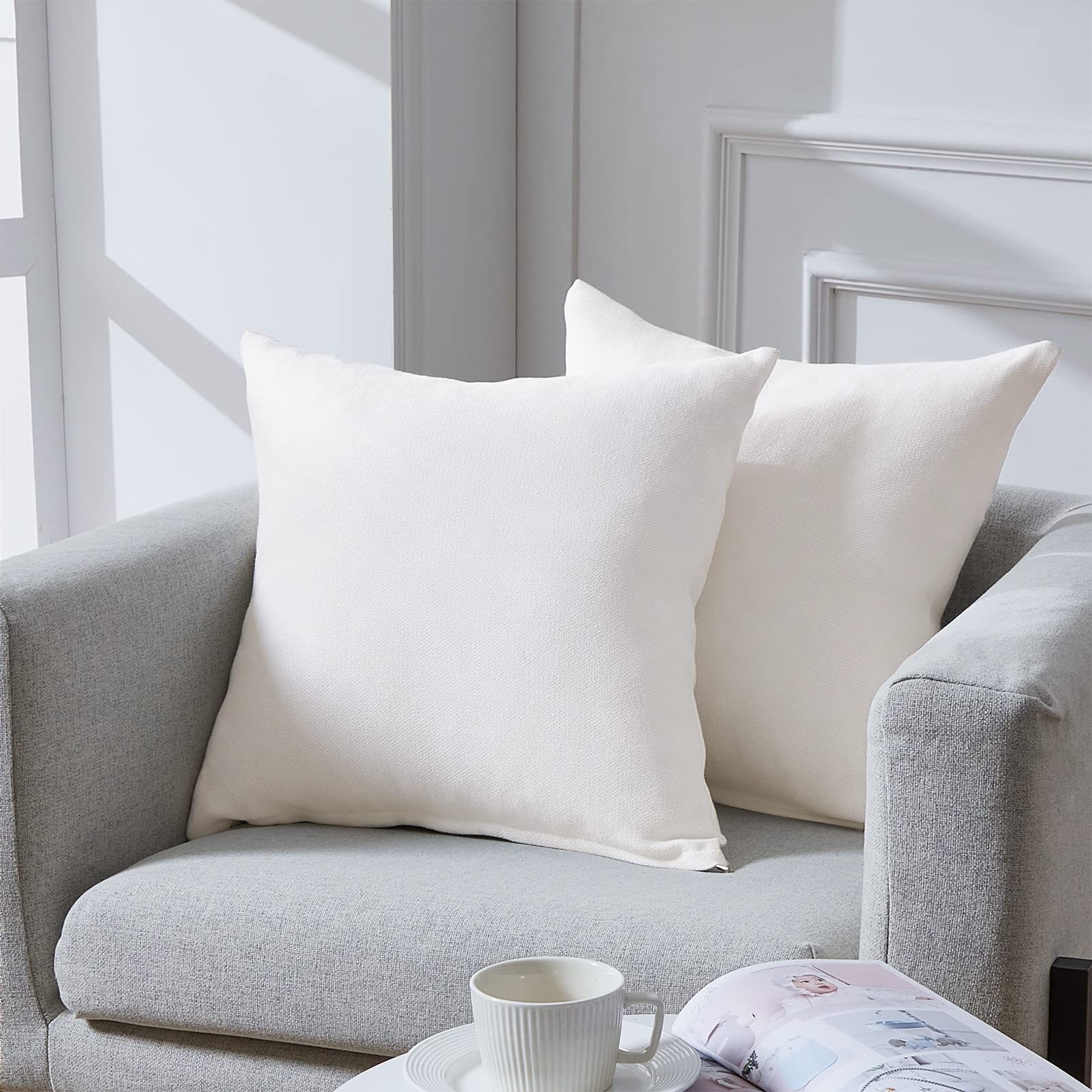 Premium Soft Chenille Decorative Throw Pillow Covers 18x18 Inches - 2 Pack Solid Pure White Cushion Covers for Sofa, Bedroom, Living Room & Car - Cozy Home Decor & Comfort Enhancement