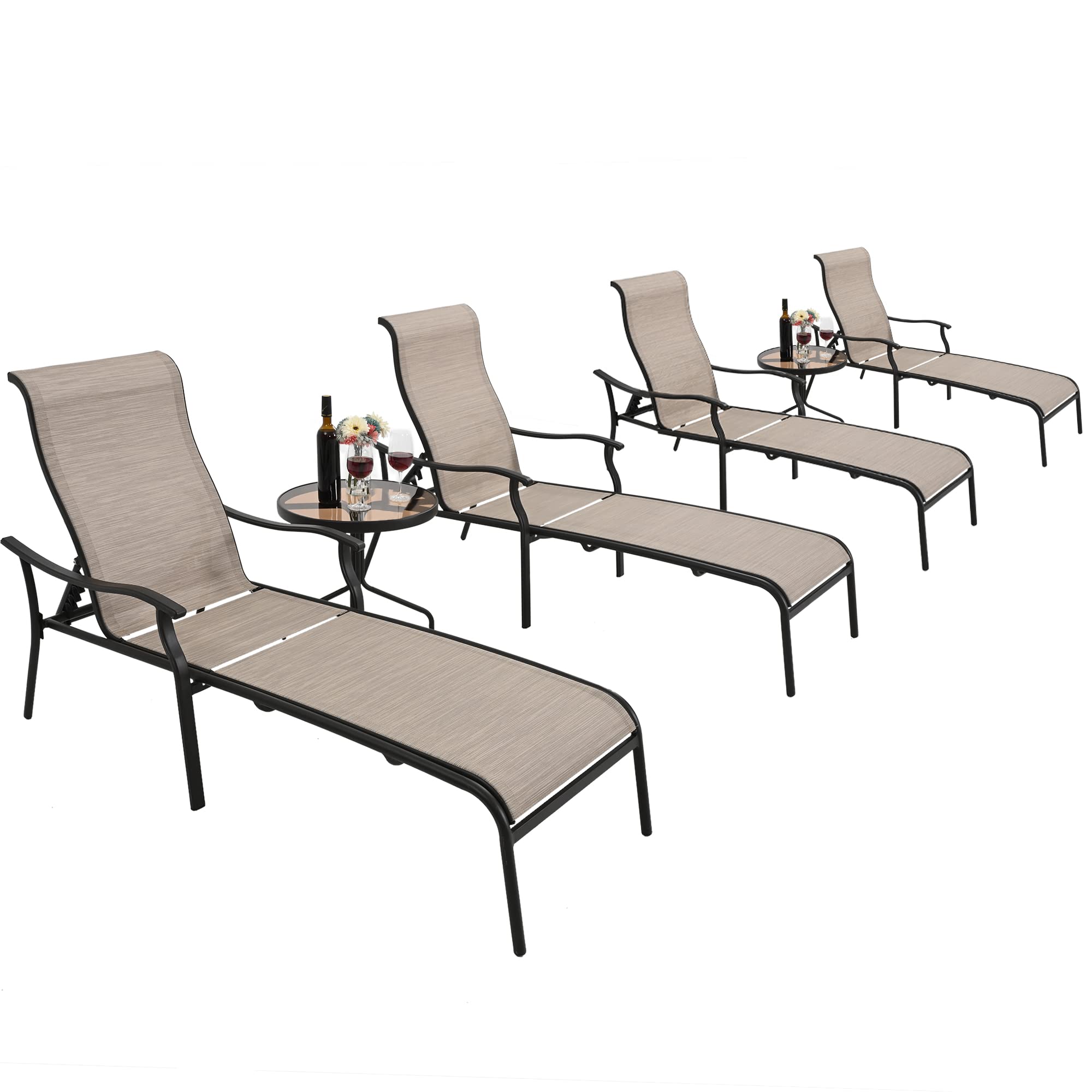 HAPPATIO 6-Piece Patio Chaise Lounge Set with Glass Coffee Table - Breathable Textilene Fabric Pool Lounge Chairs for Outdoor, Garden, Backyard & Poolside Relaxation (Brown)