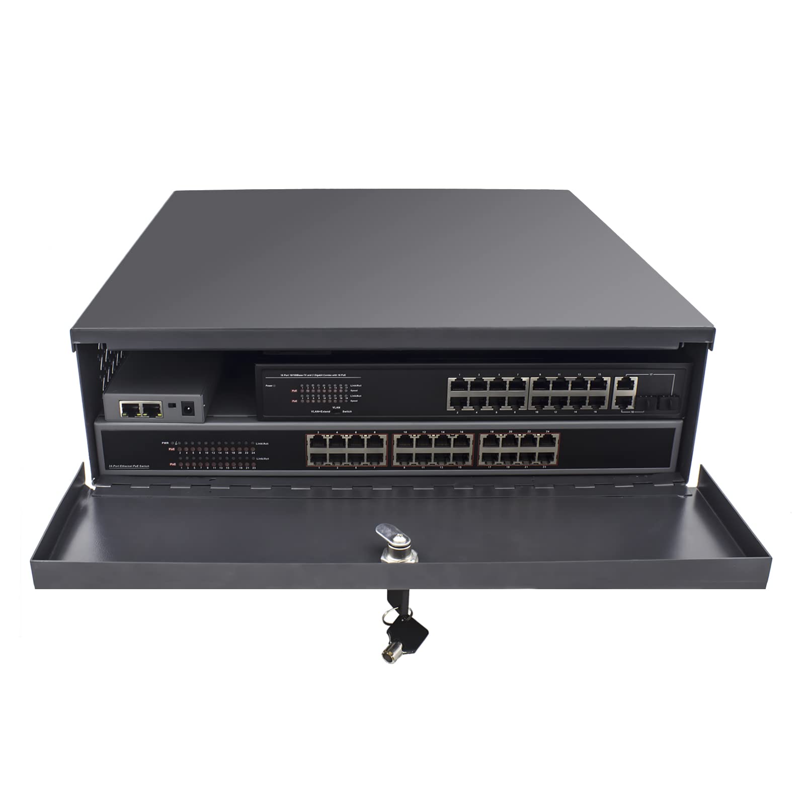 Heavy Duty 16 Gauge DVR/NVR Security Lock Box with Cooling Fan - 21x21x8 Inch Black Wall or Floor Mount Enclosure for Surveillance System Protection | Ideal for Home & Business Security