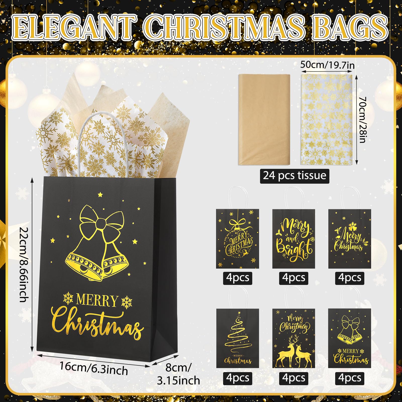 24-Piece Christmas Gift Bags Bulk Set with Snowflake Tissue Paper - 6 Elegant Black & Gold Foil Designs, Small Reusable Party Favor Bags with Handles - Perfect for Holiday Gifting, Xmas Treats, Office Exchanges & Festive Celebrations