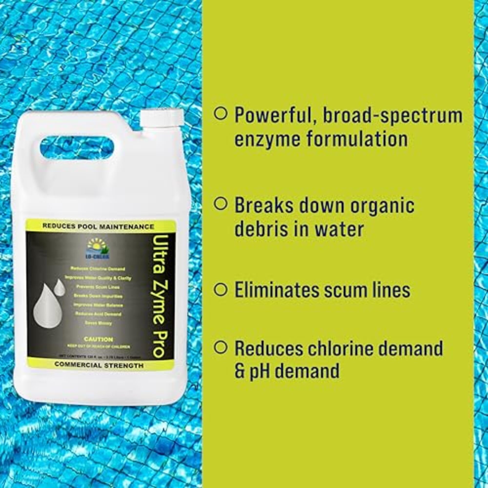 Ultra Zyme Pro Pool Enzyme Treatment - Powerful Swimming Pool Enzymes to Eliminate Scum Lines, Reduce Chlorine Demand 30-50%, Improve Water Clarity (128 Oz) for Crystal Clear Pools & Spas
